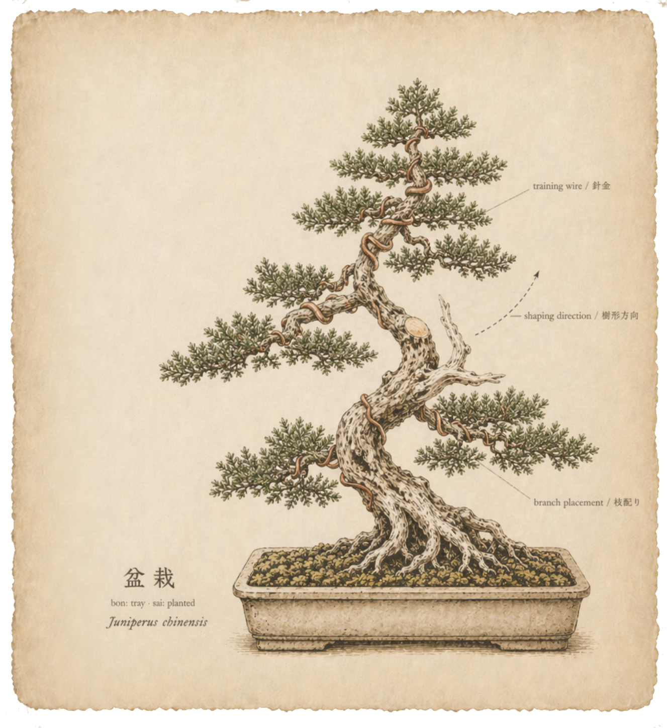 Botanical illustration of a trained juniper with copper wire