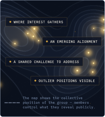 An illustration of a Horizon Intelligence map: lit points across a dark contoured field, with clusters gathering where members share a challenge, a direction or an opportunity, and outlying positions visible apart from them. The map shows the group’s collective position; what identifies any position is controlled by the member.