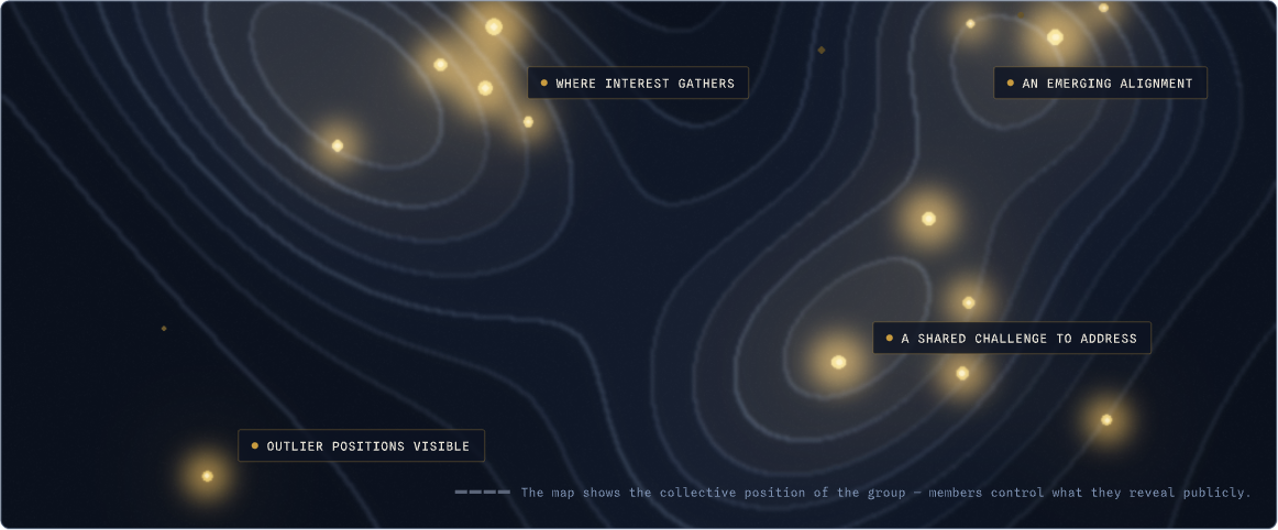An illustration of a Horizon Intelligence map: lit points across a dark contoured field, with clusters gathering where members share a challenge, a direction or an opportunity, and outlying positions visible apart from them. The map shows the group’s collective position; what identifies any position is controlled by the member.